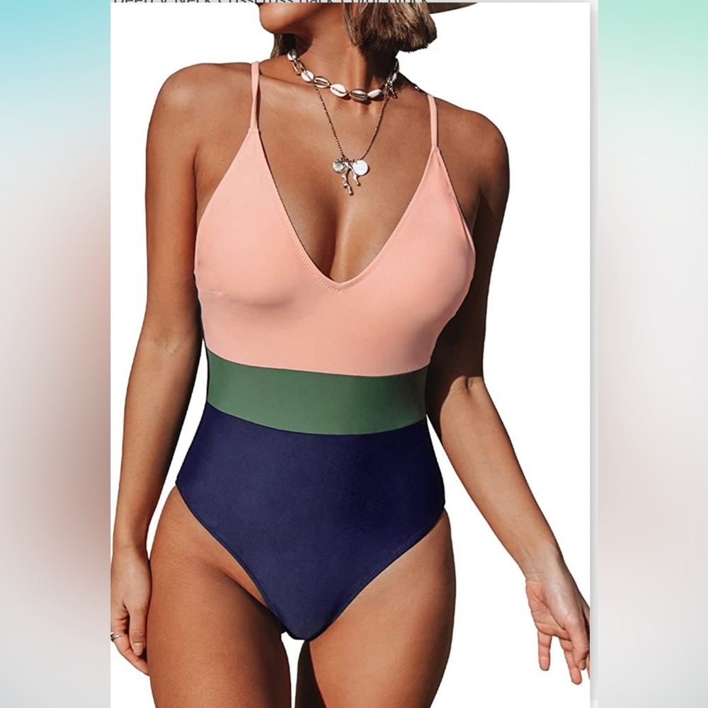 CUPSHE One Piece Swimsuit Bathing Suits Deep V Neck Crisscross Back Color Block